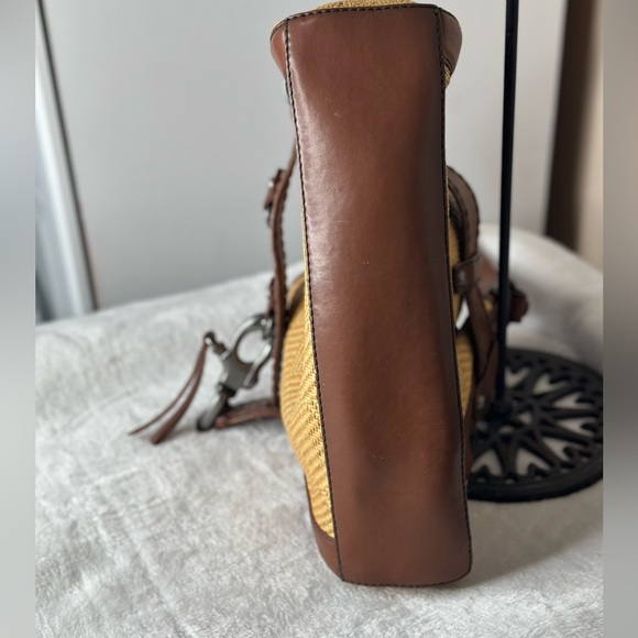 Francesco Biasia Beige Straw Brown Faux Leather Purse Shoulder Bag Satchel Tote - Picture 3 of 14